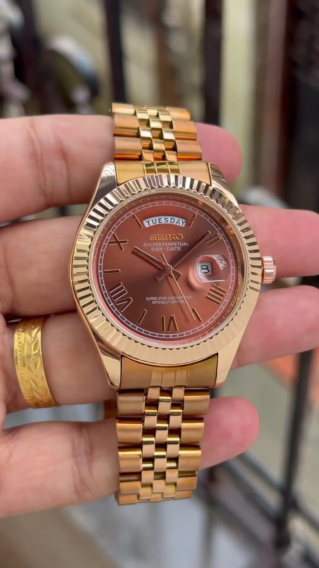 Seiko Day-Date Classic Rose-Gold & Brown Sunburst Dial Men's Watch