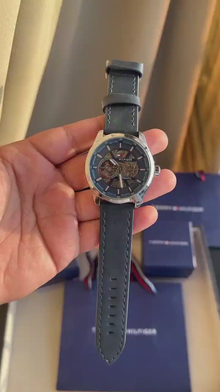 Tommy Hilfiger Men's Skeleton Dial Automatic Leather Strap Watch