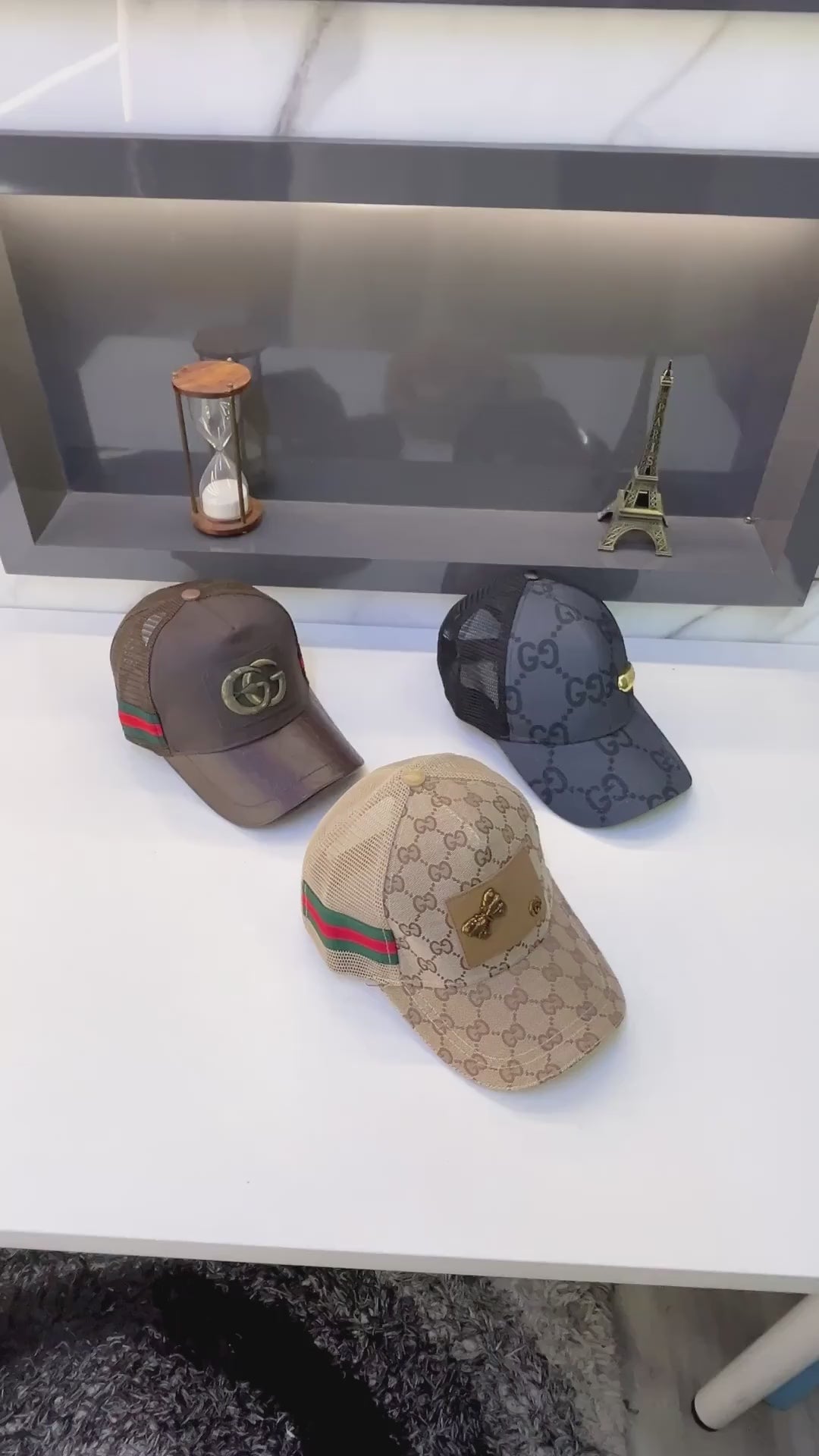 Gucci Double G Metallic Logo Black Monogram Premium Trucker Cap (F3437-A3)