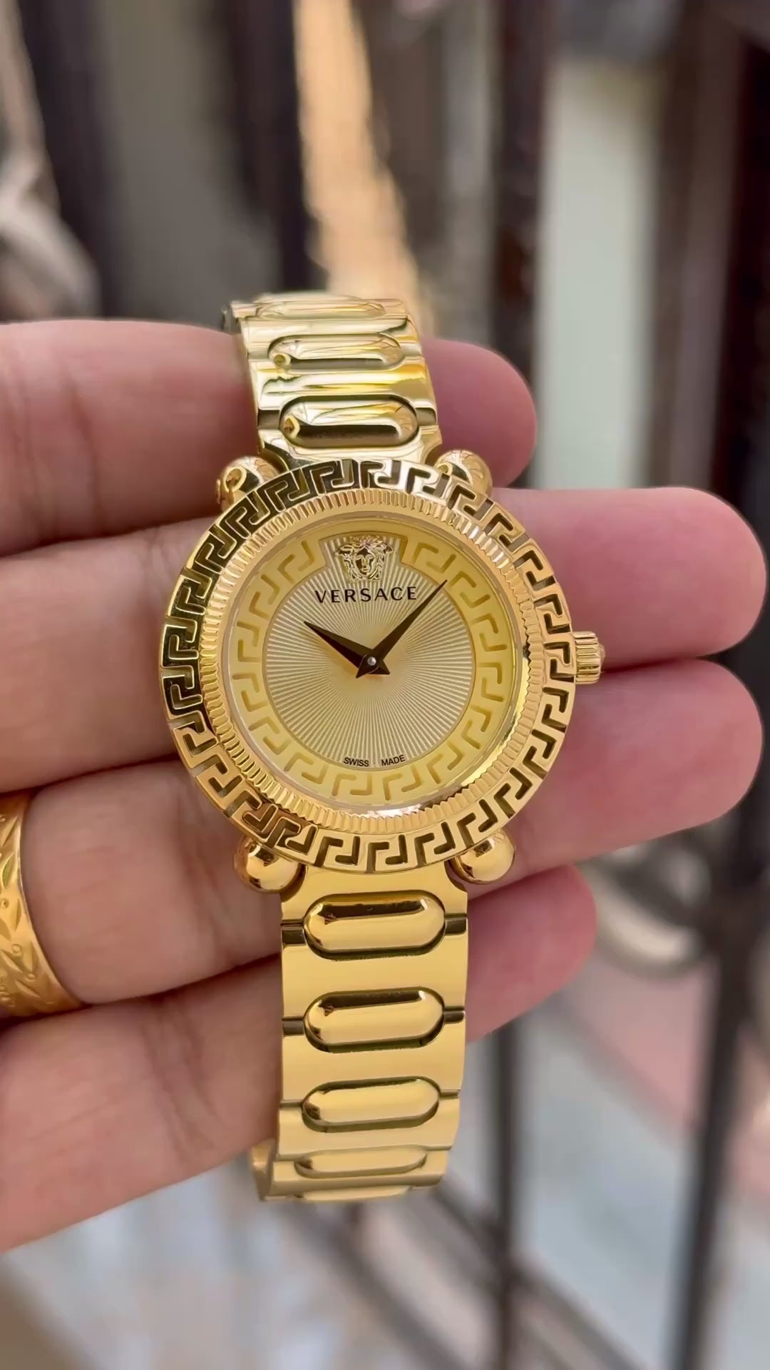 Versace Greca Logo Sunburst Gold Dial Women's Watch