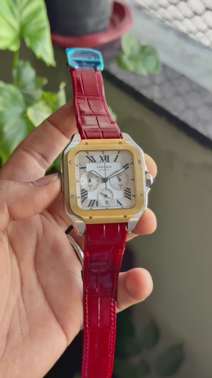 Cartier Santos de Cartier Chronograph Silver Dial Premium Leather Men's Watch