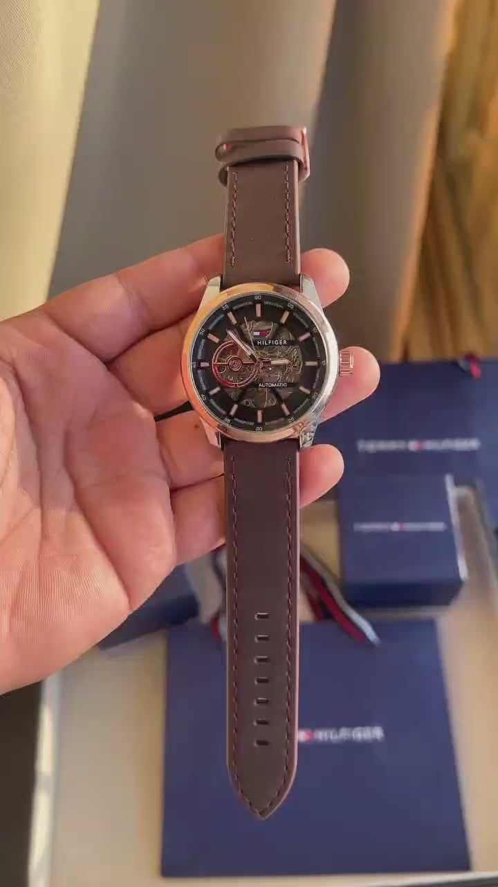 Tommy Hilfiger Men's Skeleton Dial Automatic Leather Strap Watch