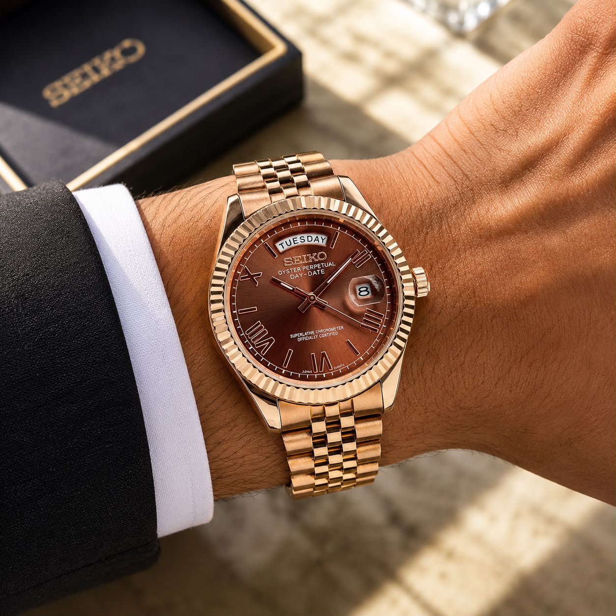 Seiko Day-Date Classic Rose-Gold & Brown Sunburst Dial Men's Watch