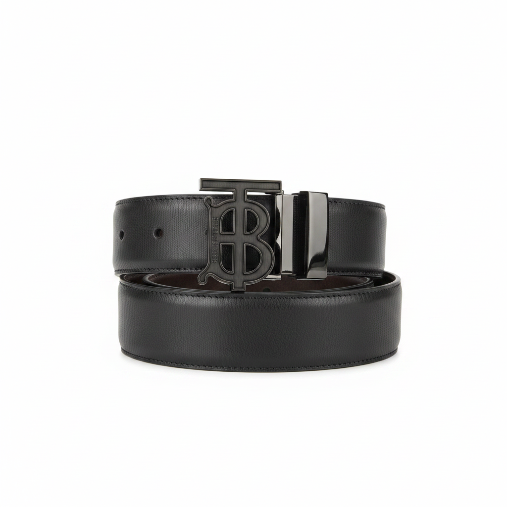 Burberry TB Monogram Plaque Textured Leather Belt in Black