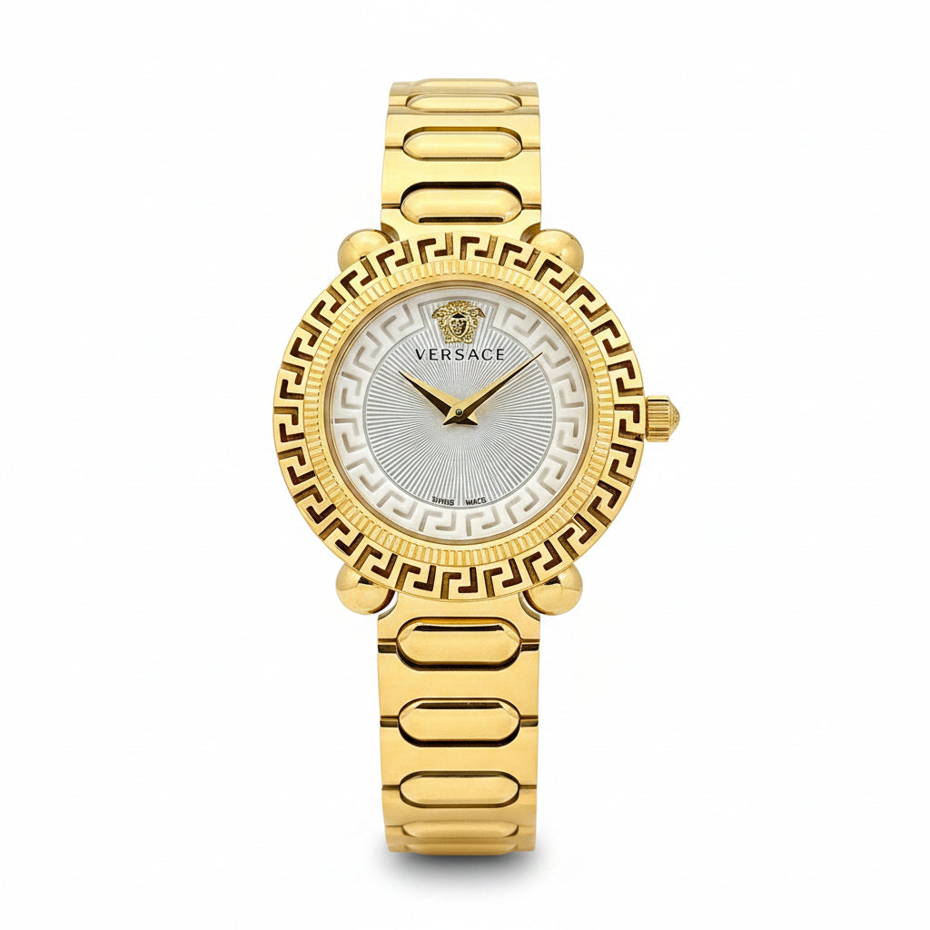 Versace Greca Logo Sunburst Gold Dial Women's Watch