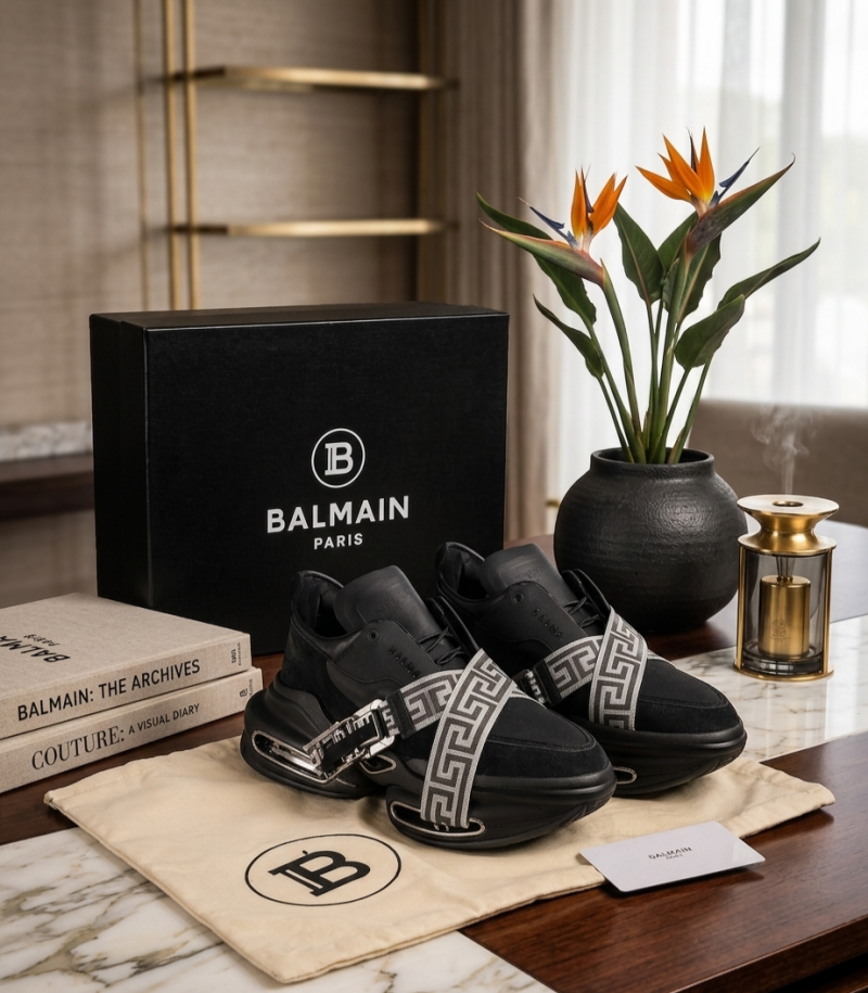 Balmain B-East Monogram Strap Luxury Chunky Sneakers in Black and Silver