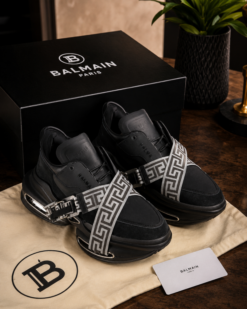 Balmain B-East Monogram Strap Luxury Chunky Sneakers in Black and Silver