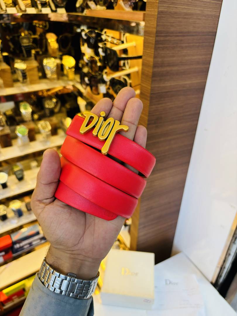 Dior Oblique Signature Script Buckle Luxury Leather Belt in Vibrant Red