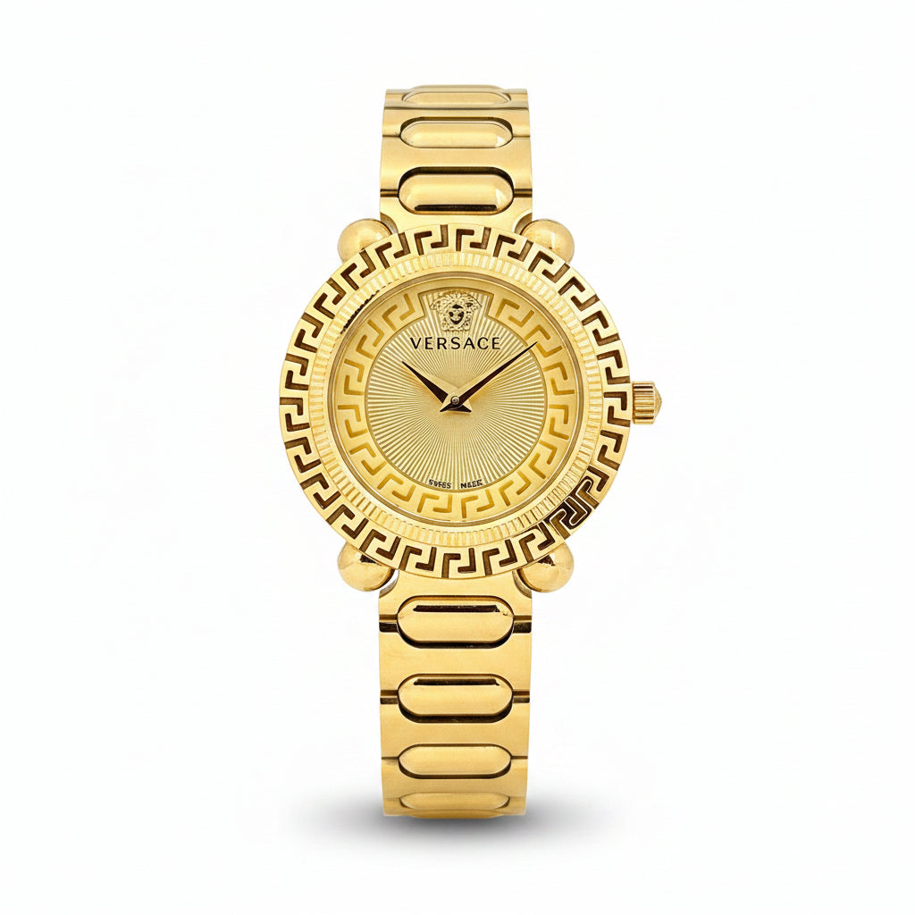 Versace Greca Logo Sunburst Gold Dial Women's Watch