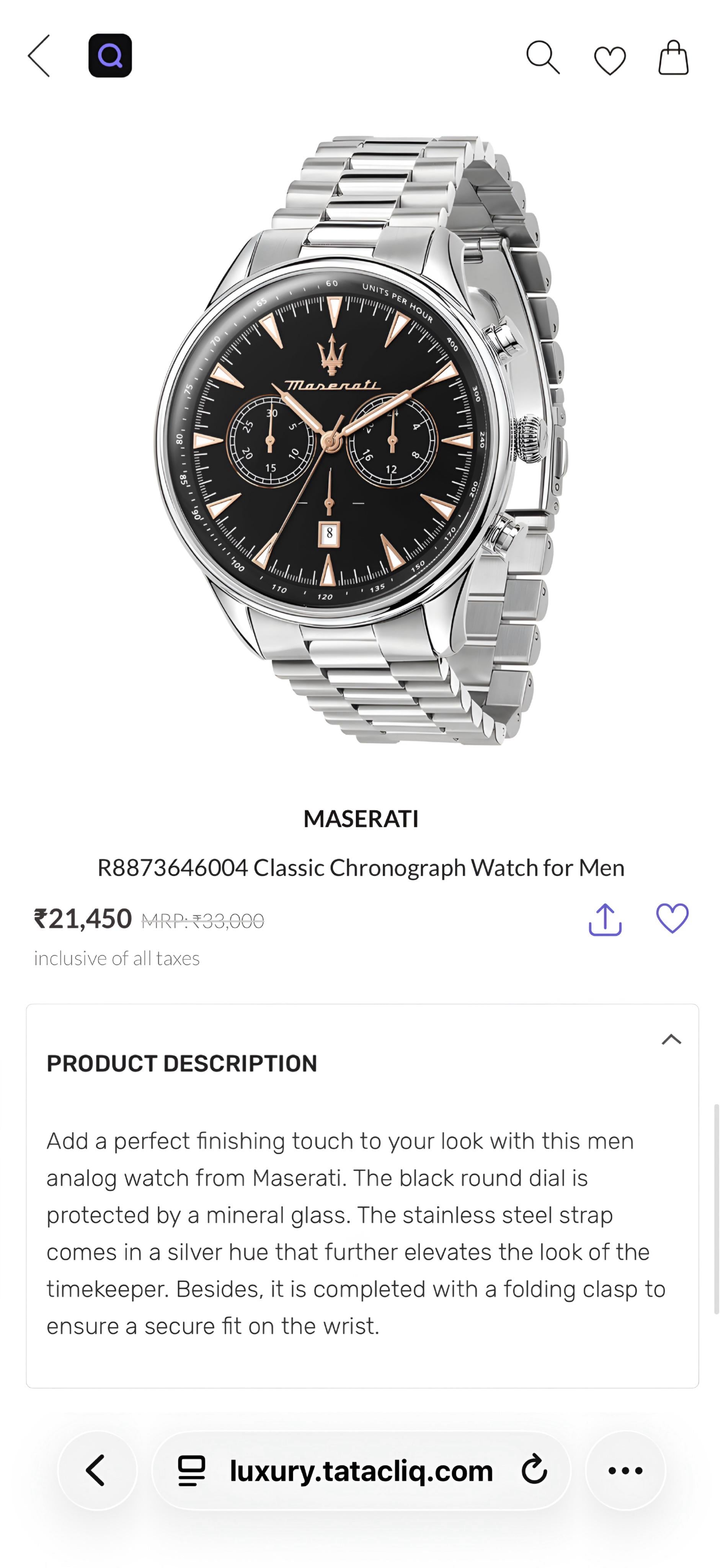 Maserati Classic Chronograph Black Dial Stainless Steel Men's Watch