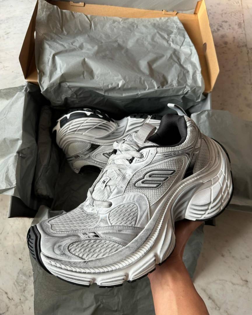 Balenciaga 10XL Iconic Mesh and Metallic Chunky Sneakers in White and Silver