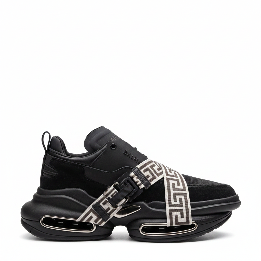 Balmain B-East Monogram Strap Luxury Chunky Sneakers in Black and Silver