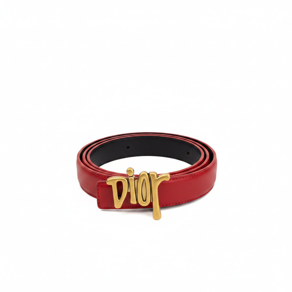 Dior Oblique Signature Script Buckle Luxury Leather Belt in Vibrant Red