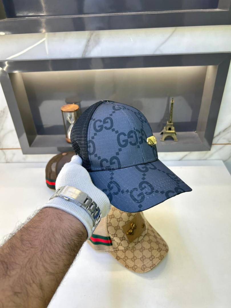 Gucci Double G Metallic Logo Black Monogram Premium Trucker Cap (F3437-A3)