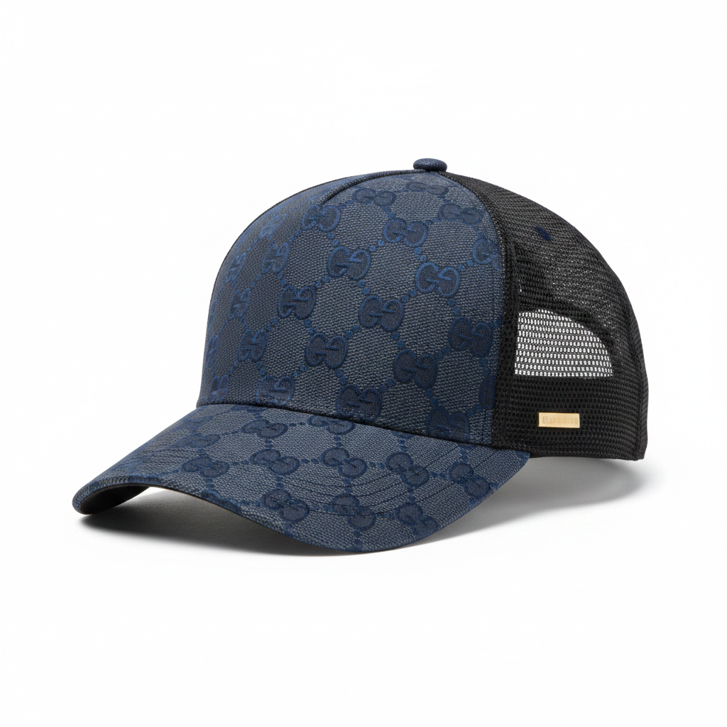 Gucci Double G Metallic Logo Black Monogram Premium Trucker Cap (F3437-A3)