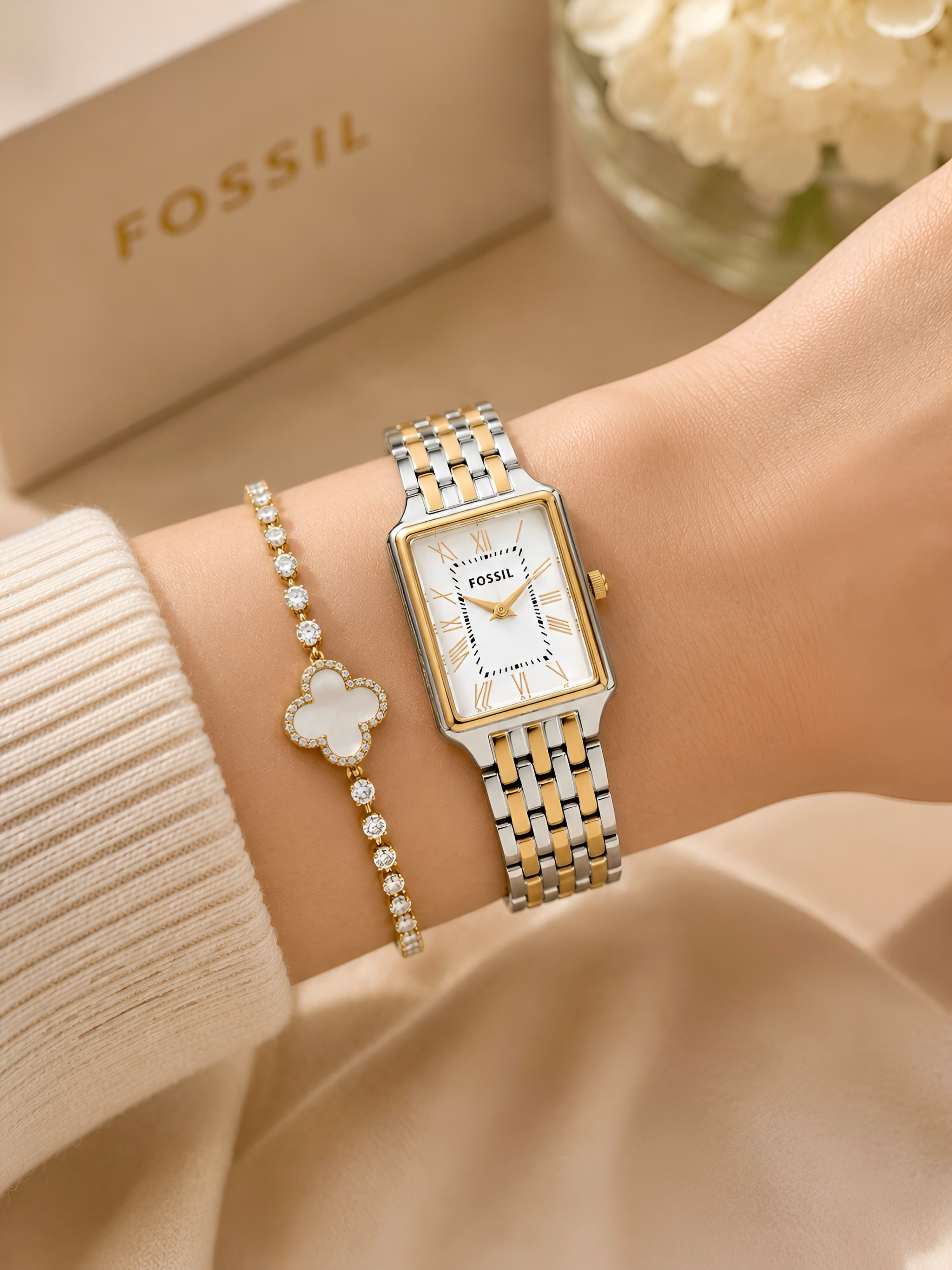 Fossil Raquel Two-Tone Gold and Silver Rectangular Dial Women's Watch (ES5305)