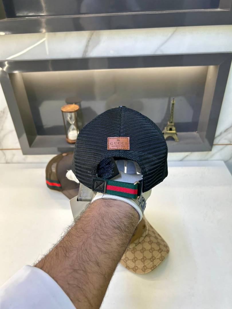 Gucci Double G Metallic Logo Black Monogram Premium Trucker Cap (F3437-A3)