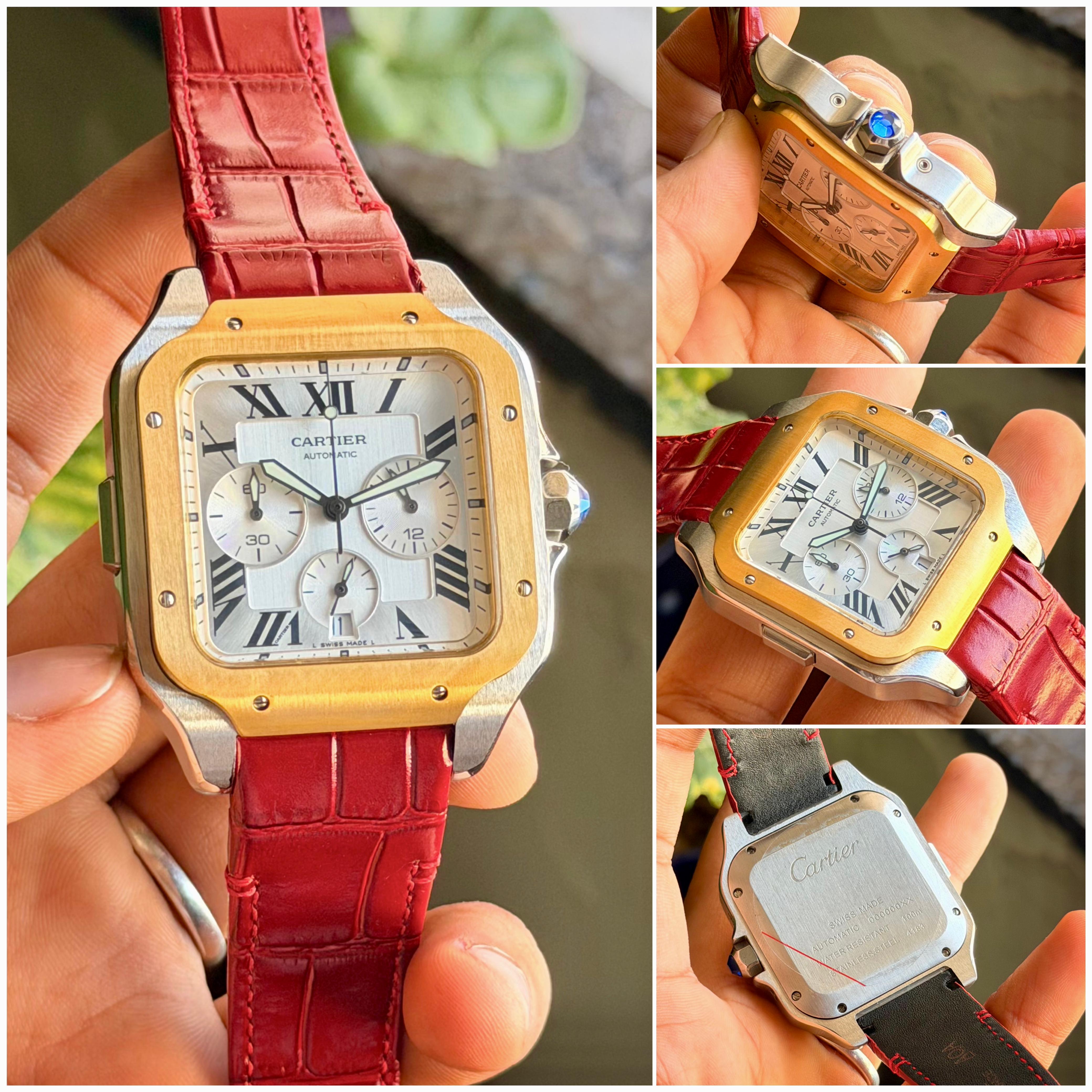 Cartier Santos de Cartier Chronograph Silver Dial Premium Leather Men's Watch