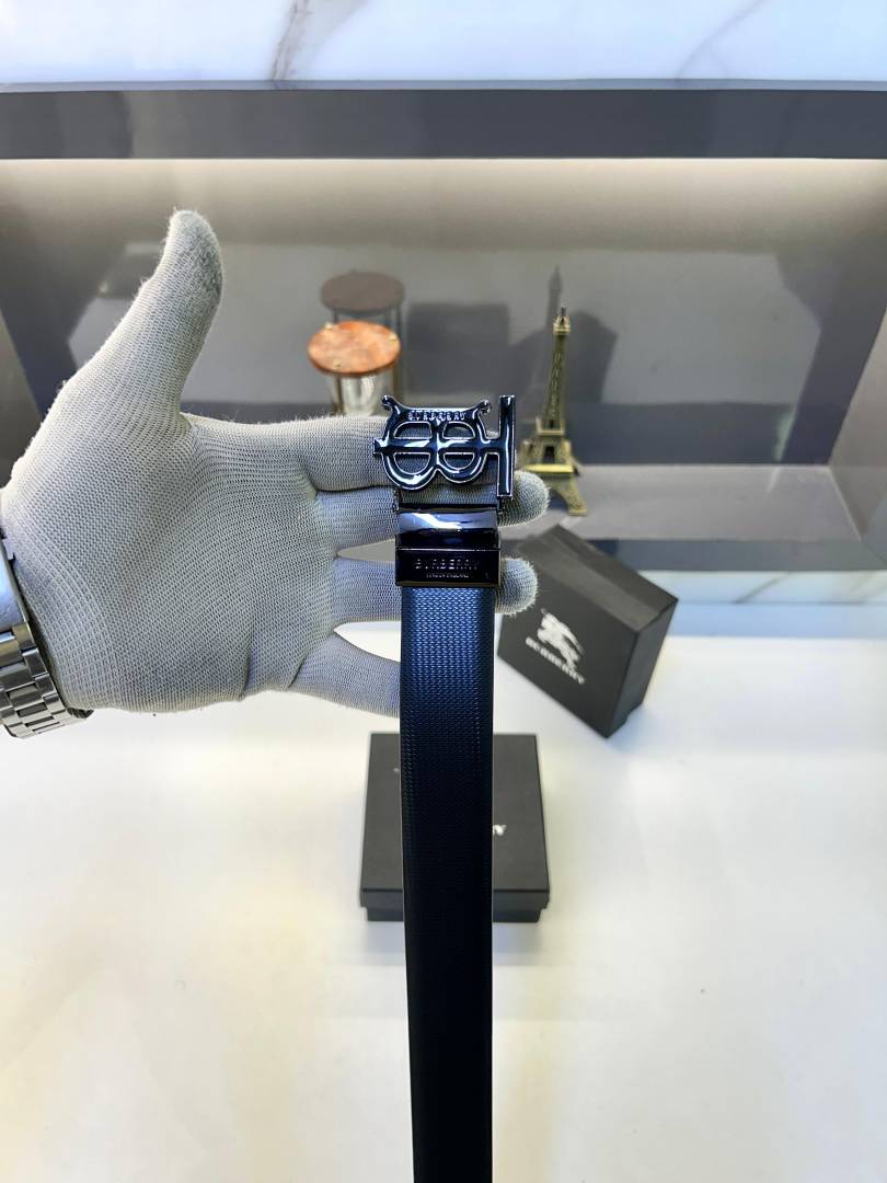 Burberry TB Monogram Plaque Textured Leather Belt in Black