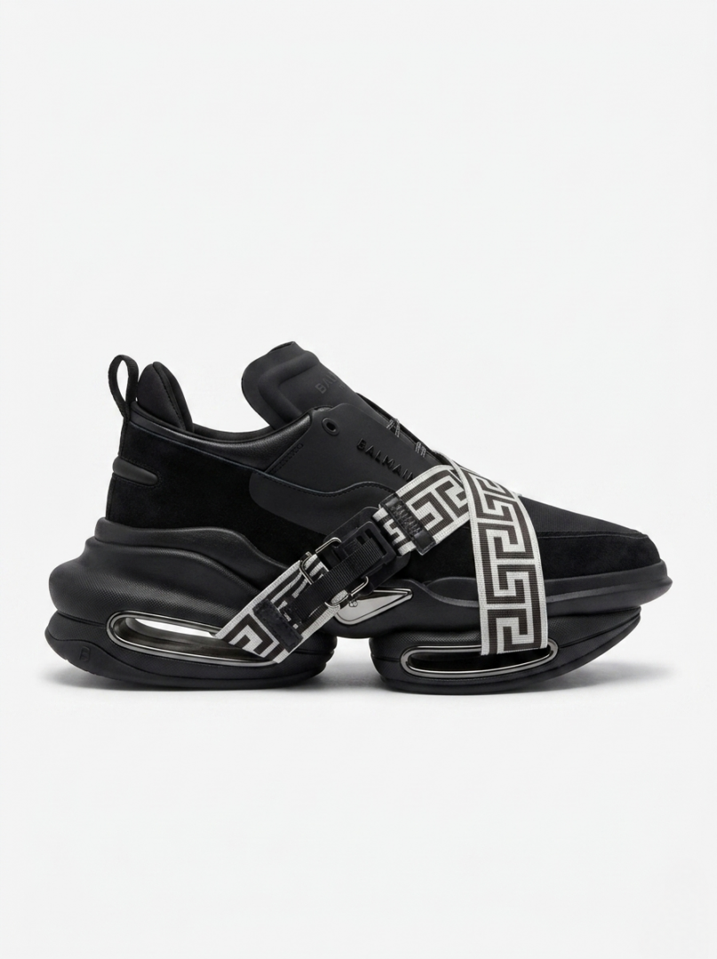 Balmain B-East Monogram Strap Luxury Chunky Sneakers in Black and Silver