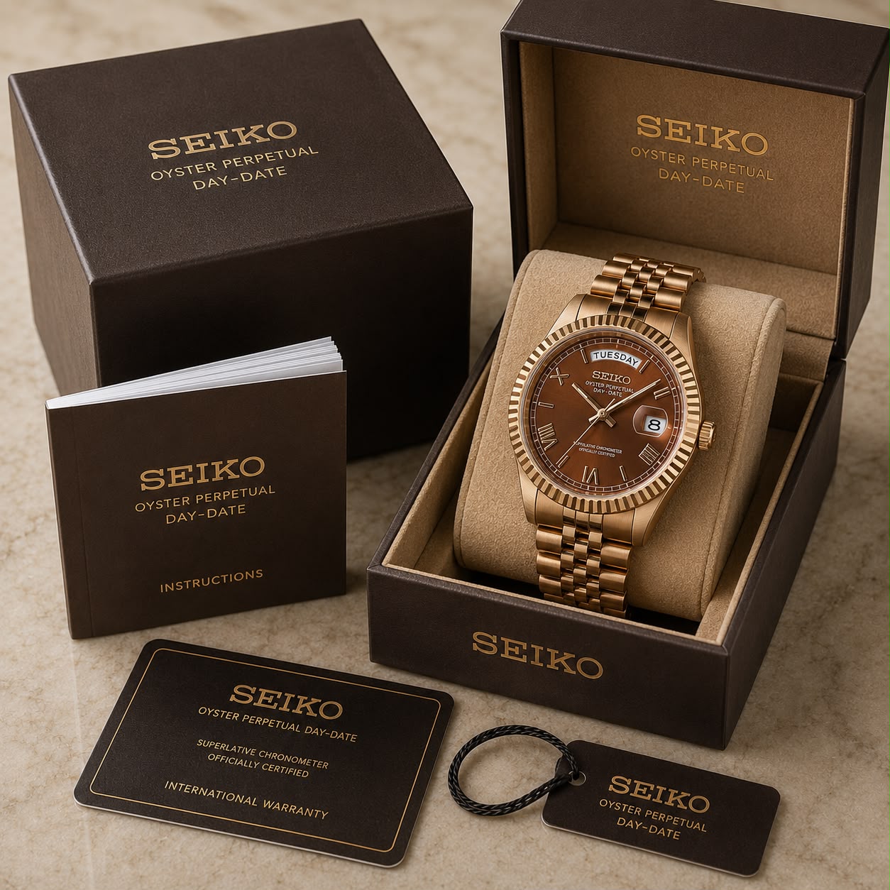Seiko Day-Date Classic Rose-Gold & Brown Sunburst Dial Men's Watch