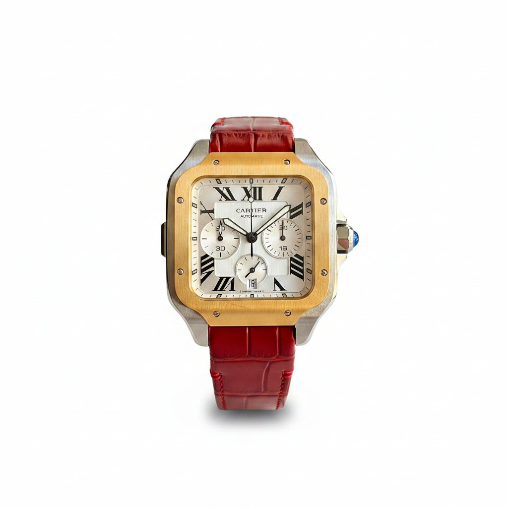 Cartier Santos de Cartier Chronograph Silver Dial Premium Leather Men's Watch