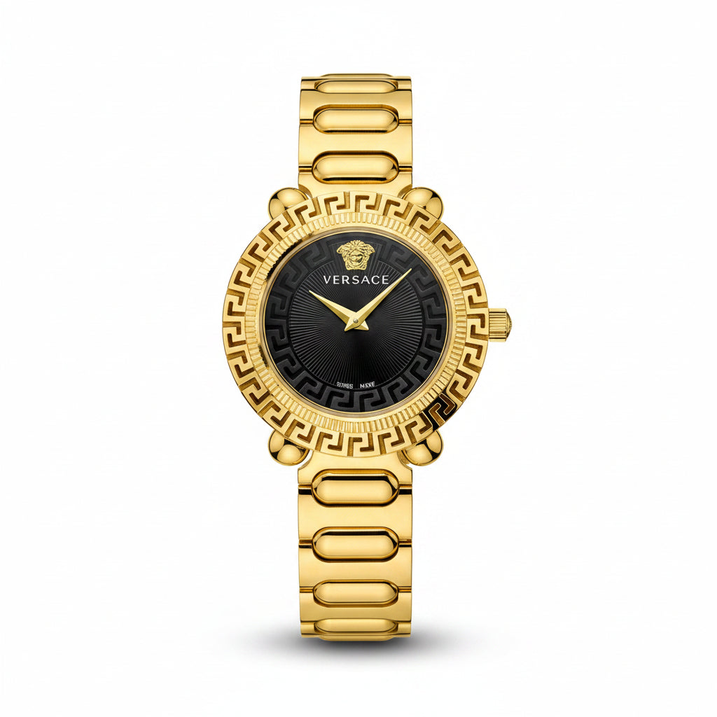 Versace Greca Logo Sunburst Gold Dial Women's Watch