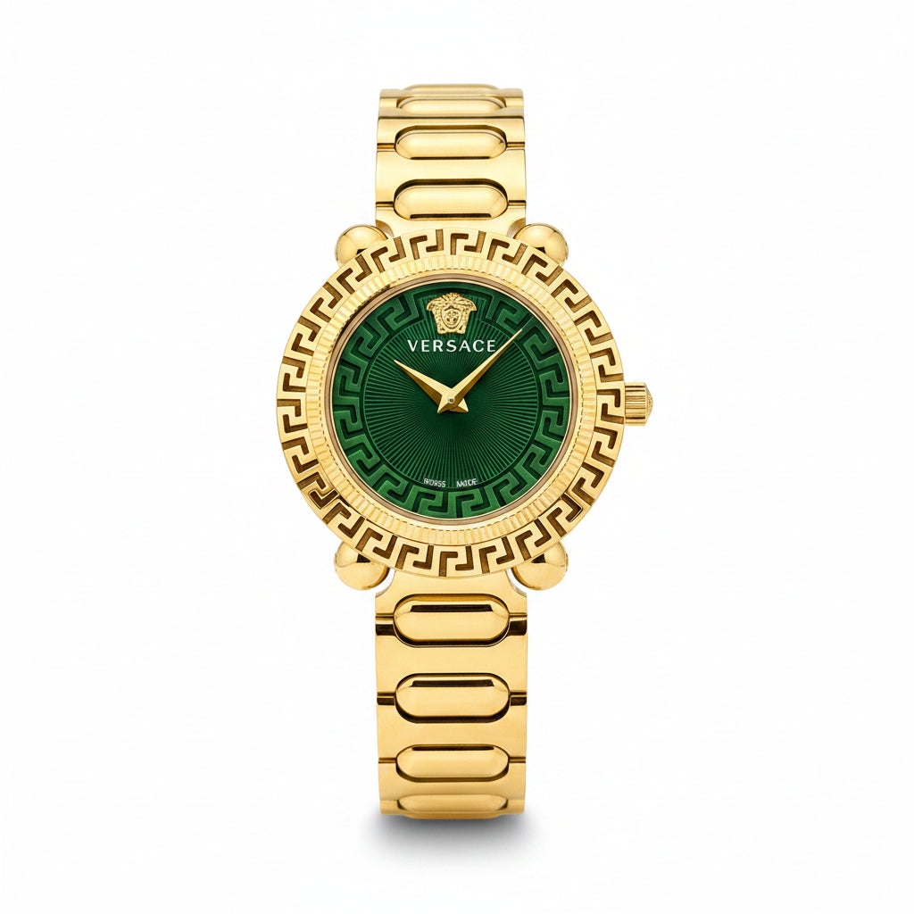 Versace Greca Logo Sunburst Gold Dial Women's Watch