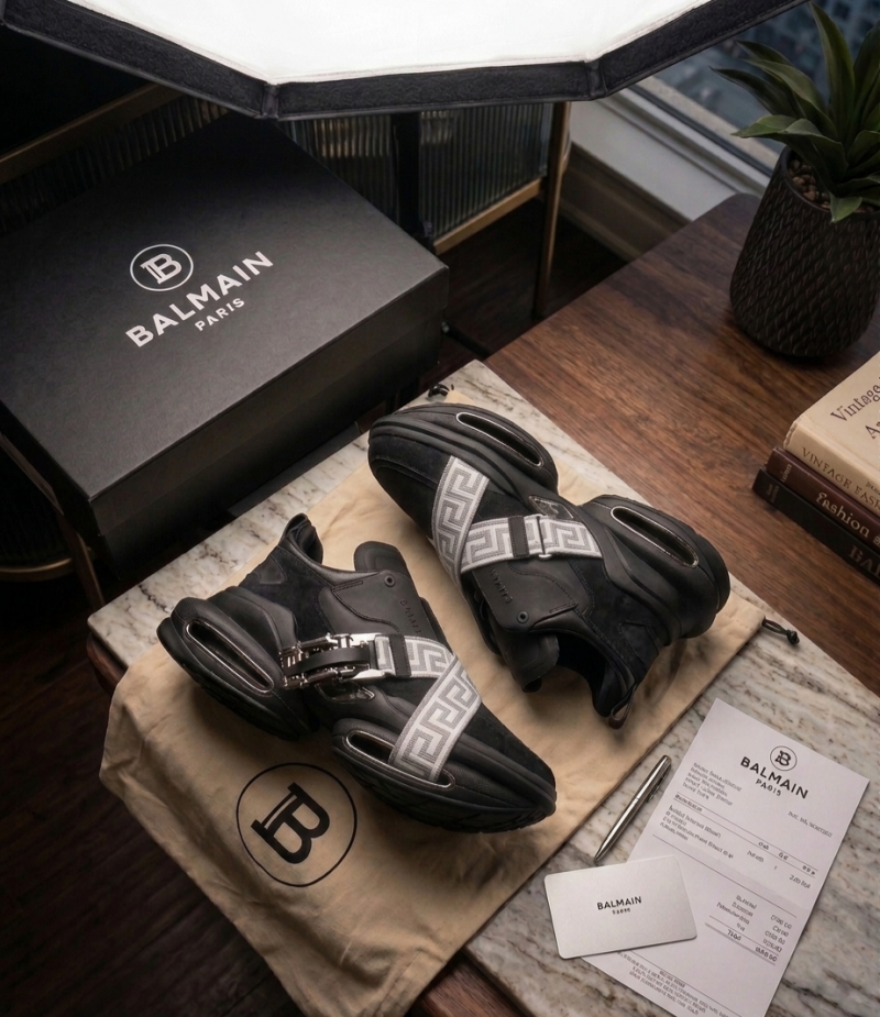 Balmain B-East Monogram Strap Luxury Chunky Sneakers in Black and Silver