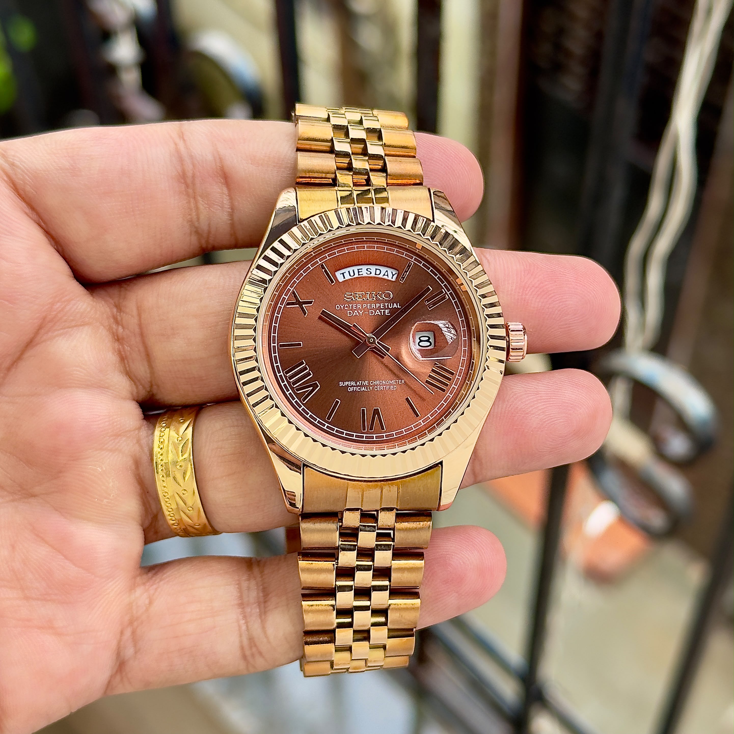 Seiko Day-Date Classic Rose-Gold & Brown Sunburst Dial Men's Watch