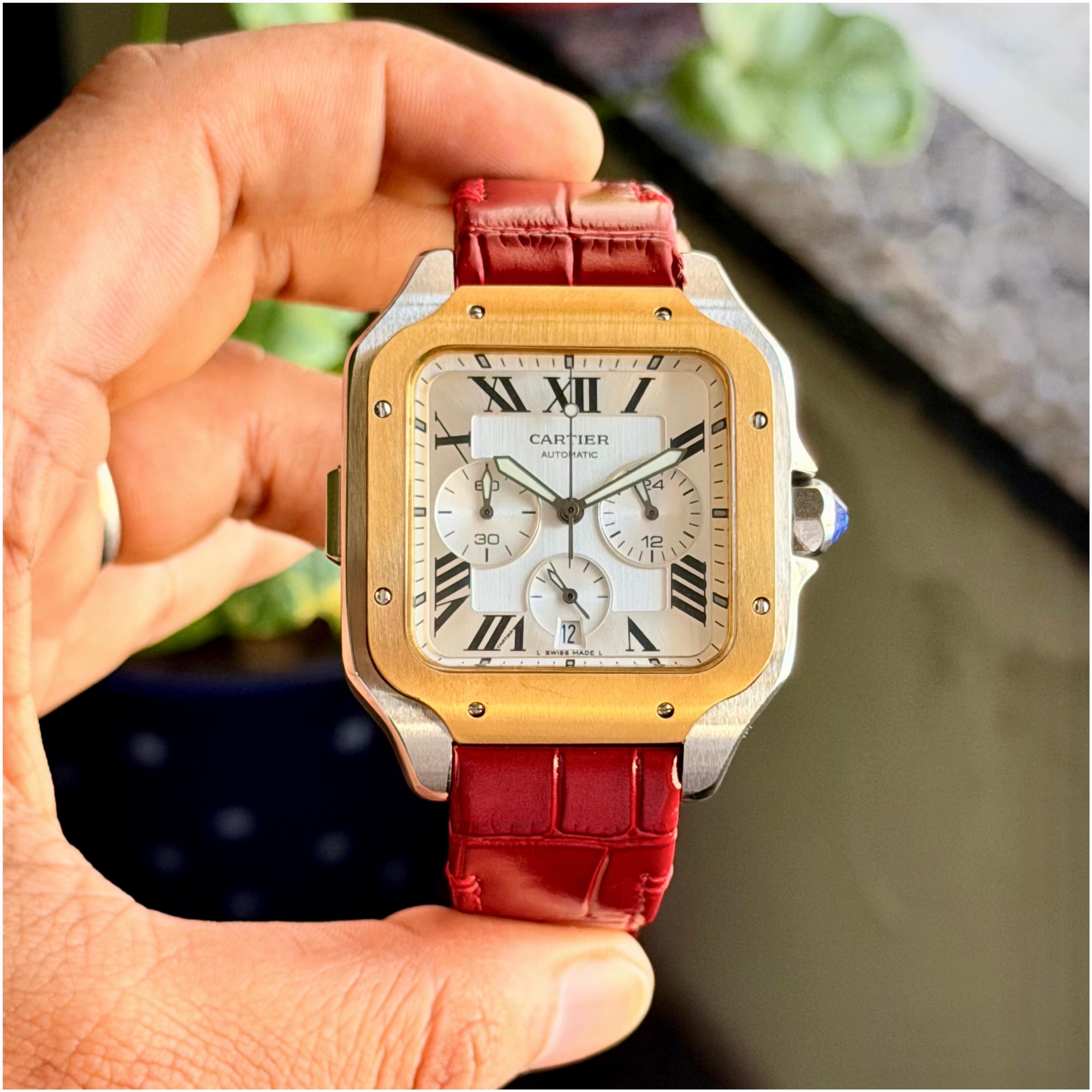 Cartier Santos de Cartier Chronograph Silver Dial Premium Leather Men's Watch